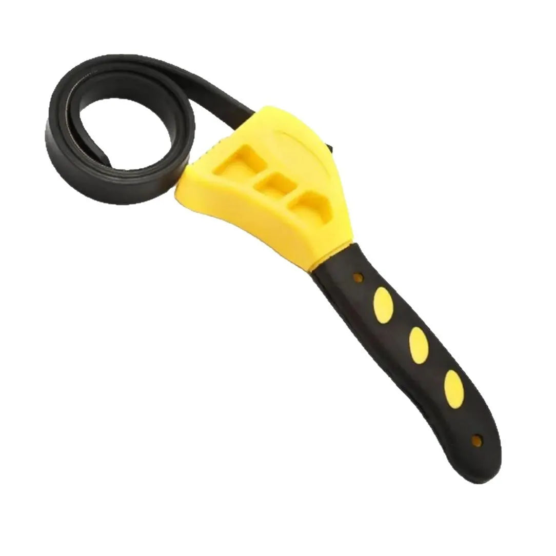 Adjustable strap wrench set with 6-inch and 8-inch rubber bands and a phosphated steel handle on a workbench.