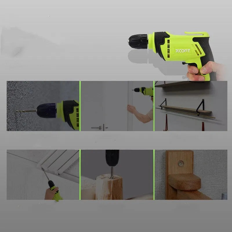 450W pistol grip electric drill power tool with a 10mm chuck on a workbench.