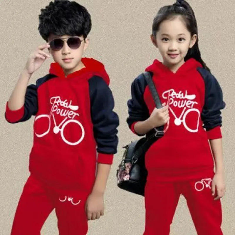 Children's Korean style two-piece sweater suit tracksuit with printed long sleeves in black, red, or red wine