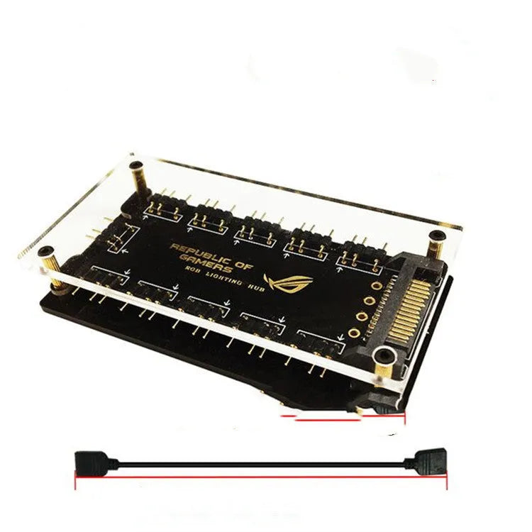 Black AURA RGB 10-port 5V ARGB hub with SATA power connector for PC lighting control.