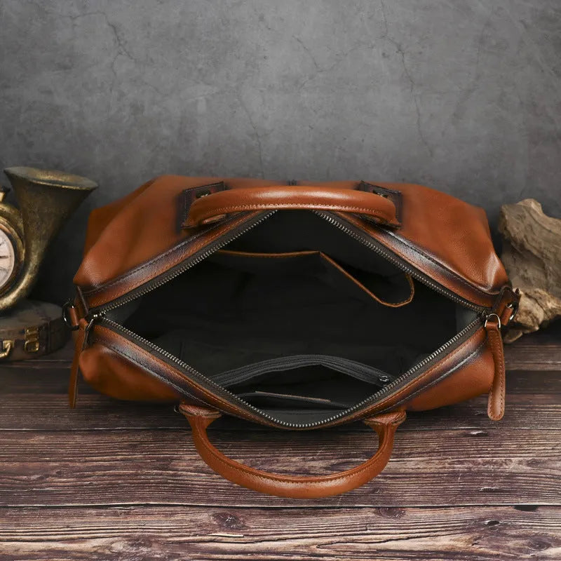 Women's genuine leather large capacity retro handbag in horizontal square shape with single shoulder strap, black colour