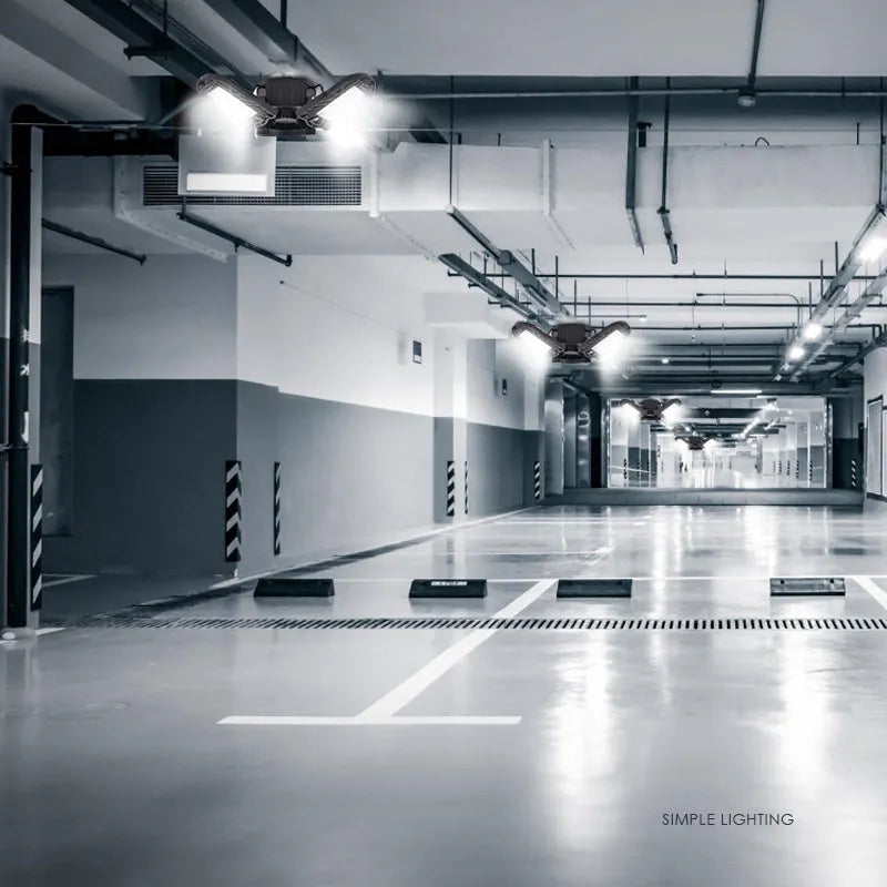 60W 6000 lumen deformable garage light with three adjustable heads, aluminium housing, E27 connector