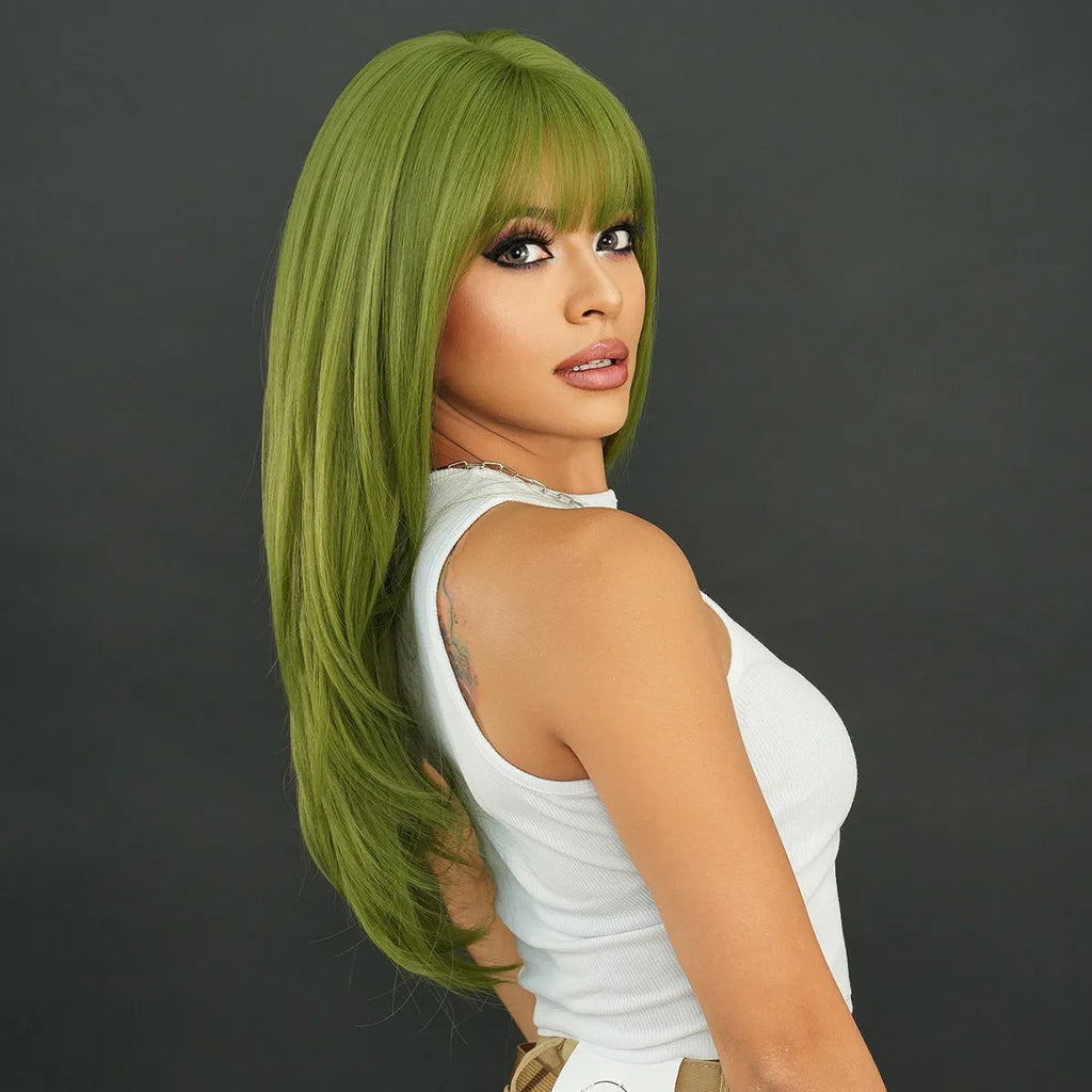 Vanilla green straight women's wig 63cm long with straight bangs and domestic silk material