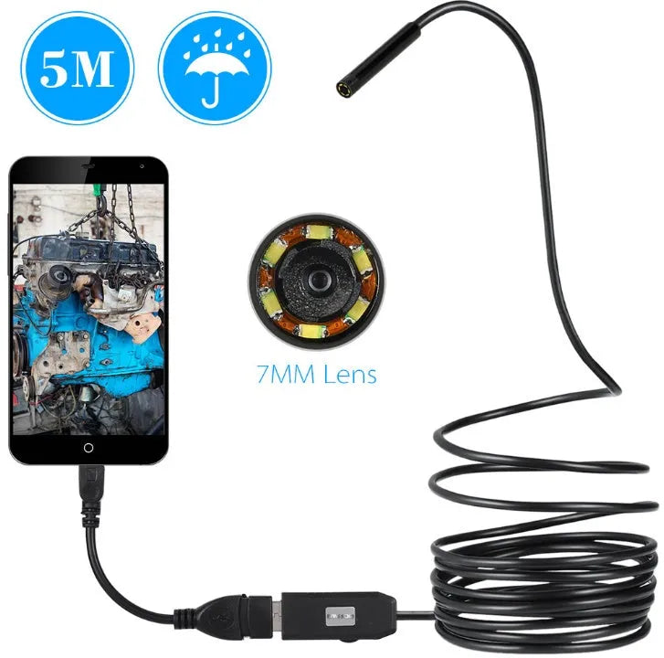 OWSOO USB endoscope camera with 5m cable, 6 LEDs, and hook/magnet attachments for phone and computer inspection.