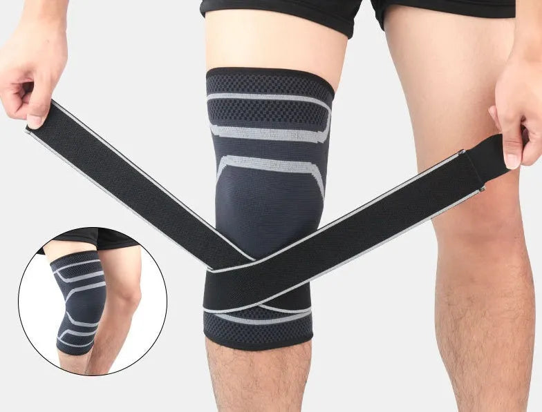 Adjustable sports knee pad with silicone non-slip strip in black knitted fabric