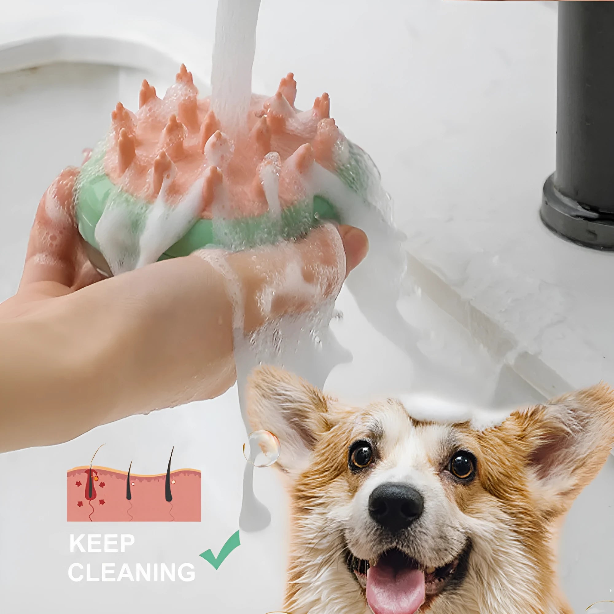 Blue pet grooming brush with integrated shampoo dispenser for bath time use with cats and dogs