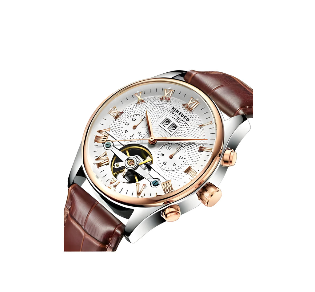 Automatic hollow tourbillon mechanical watch for men round alloy case 42mm dial leather band