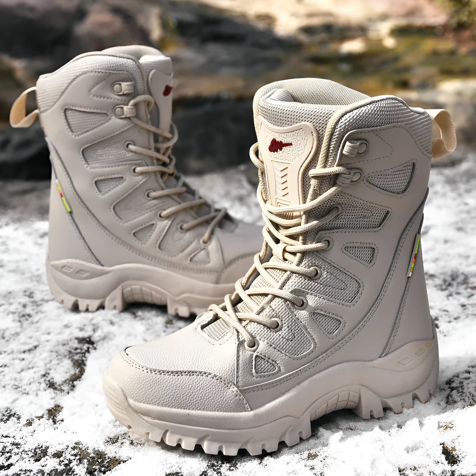 Cowhide hi-top hiking shoes for men in black, brown, or beige with platform sneaker design