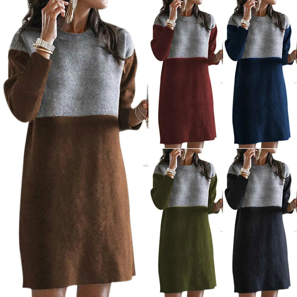 Brown women's cotton polar fleece patchwork skirt with retro art design and long sleeves