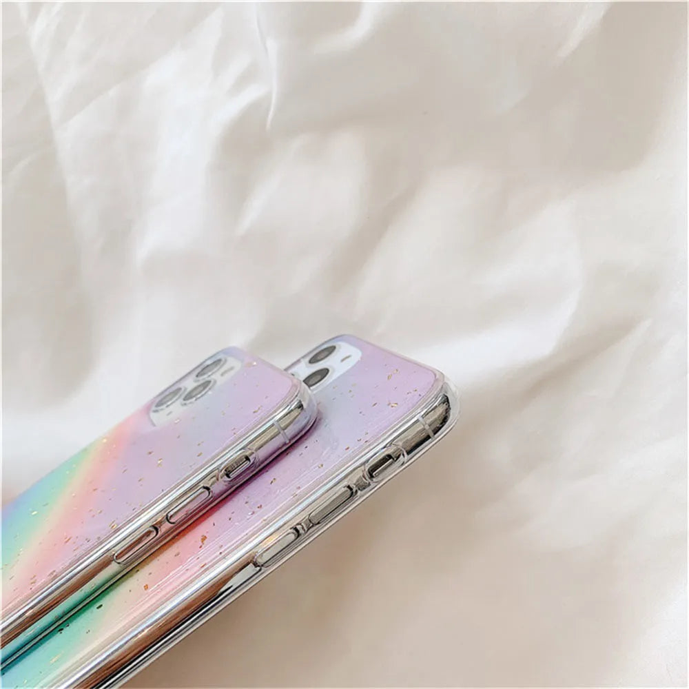 A gradient rainbow coloured TPU protective iPhone case with a striped design on a white background.