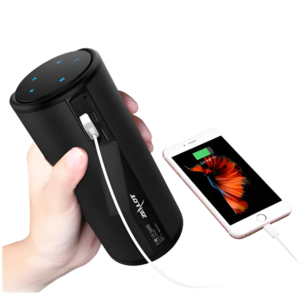 Portable Bluetooth speaker in black, blue, or red with dimensions 72x72x170 mm