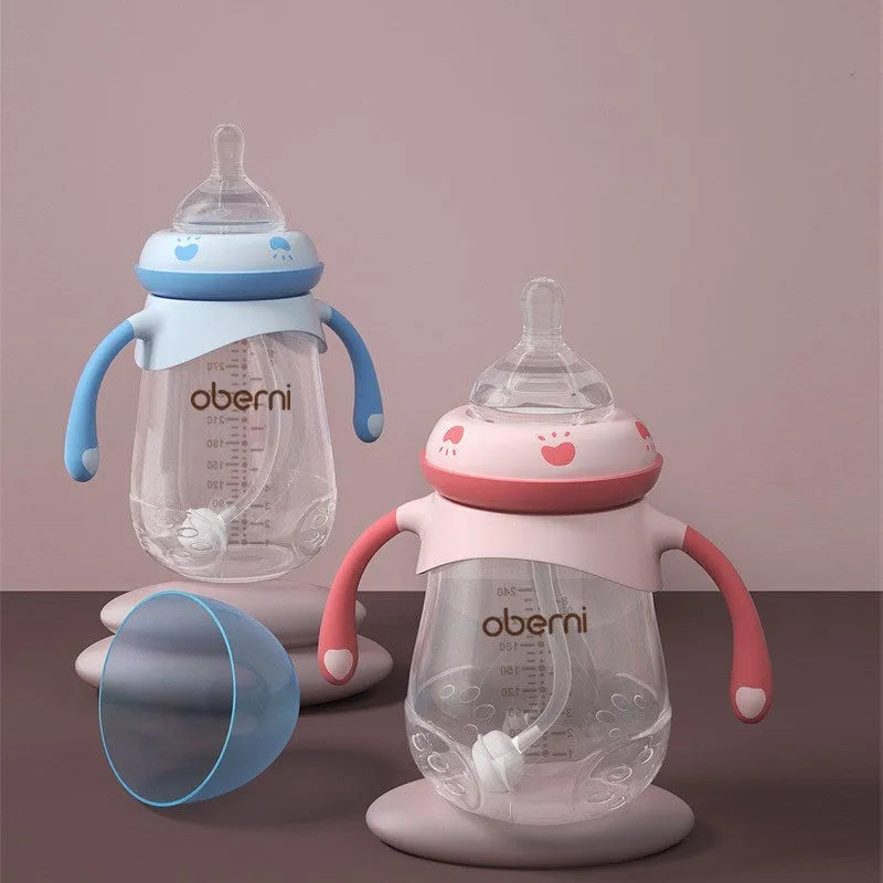 Wide caliber anti-colic baby bottle with handle in gourd shape design
