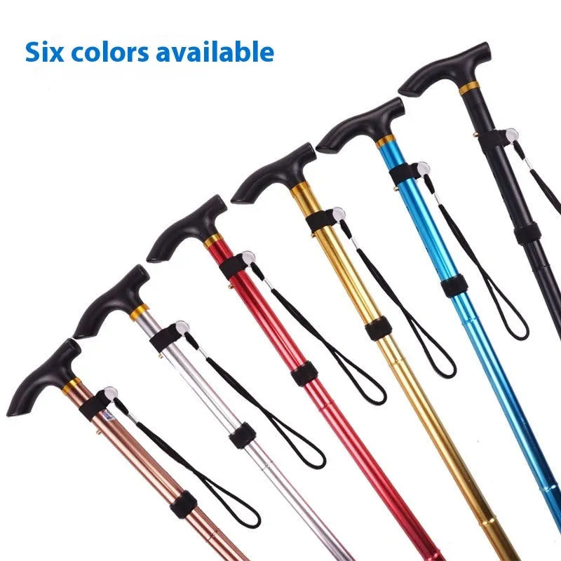Aluminium alloy folding walking cane extended, showing adjustable sections and non-slip tip.