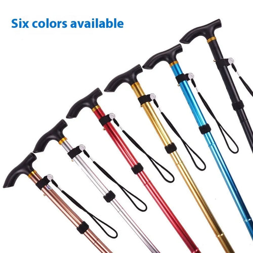 Aluminium alloy folding walking cane extended, showing adjustable sections and non-slip tip.