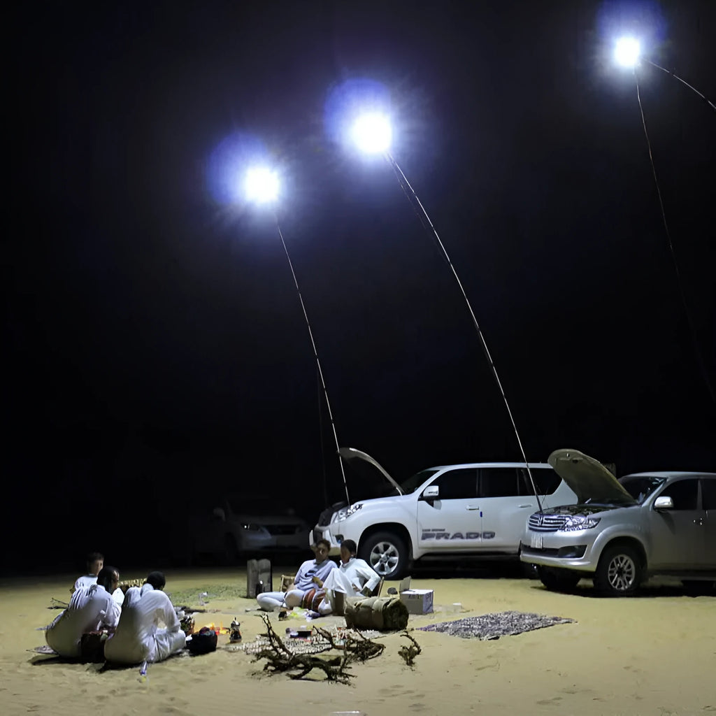 White LED fishing rod light with telescopic extension pole and remote control for outdoor use