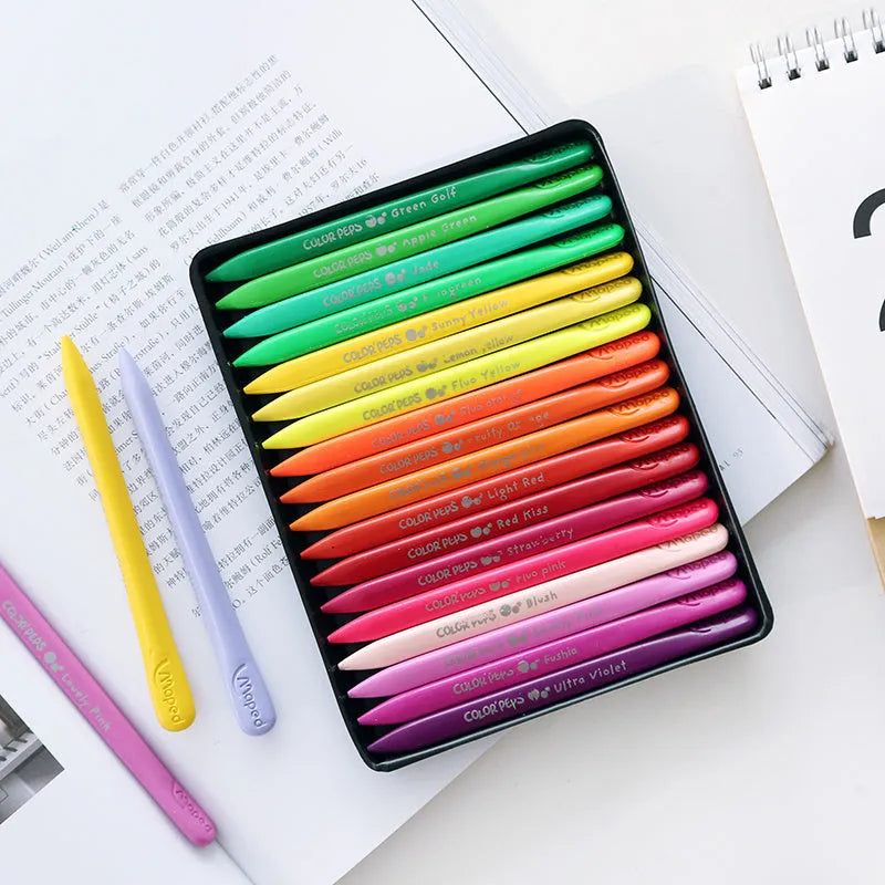 24 plastic crayons in 24 different colours packed in a carton box, each measuring 12.8cm in length