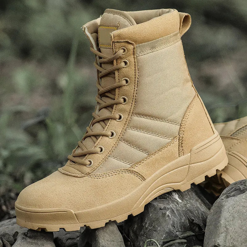 Desert combat boots in microfiber leather, sand colour, outdoor hiking shoes for men and women
