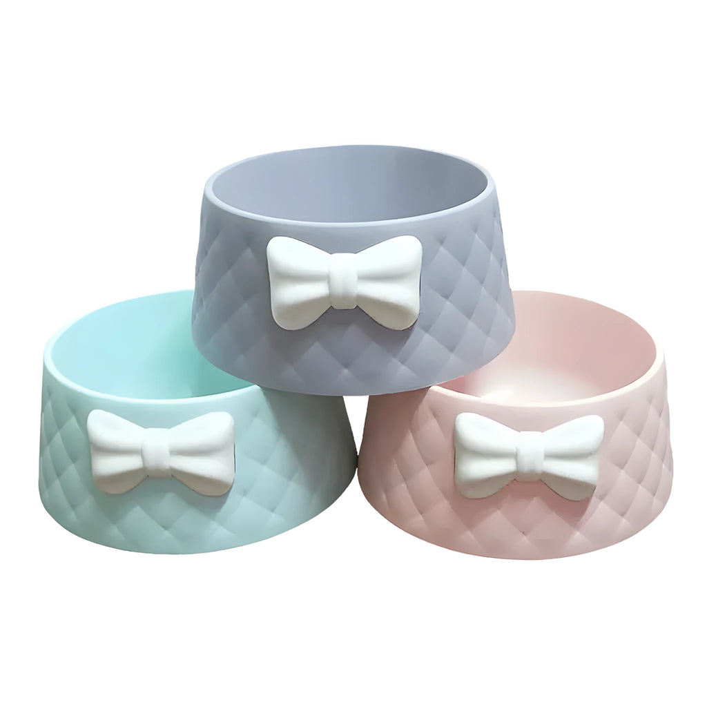 PP plastic pet bowl with bow and animal face design in pink, green, or grey colour options
