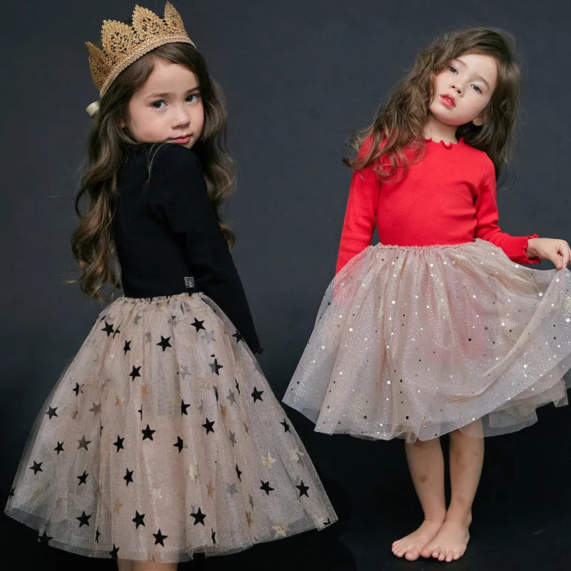 Red Christmas dress for girls with embroidered star pattern and lace detailing