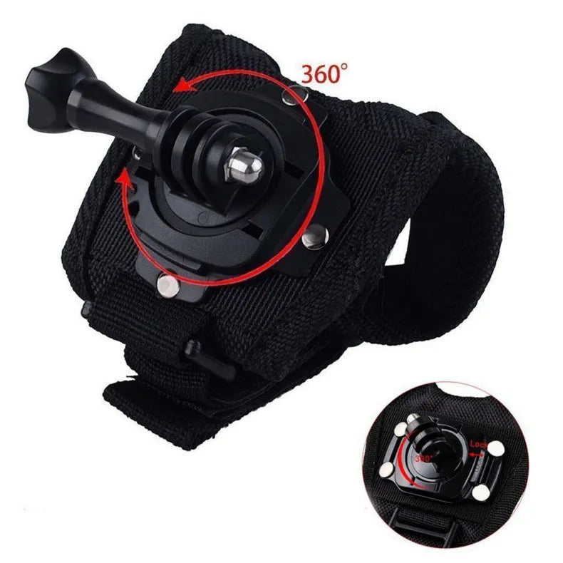 Black GoPro wrist strap with 360-degree rotating camera mount on a palm.