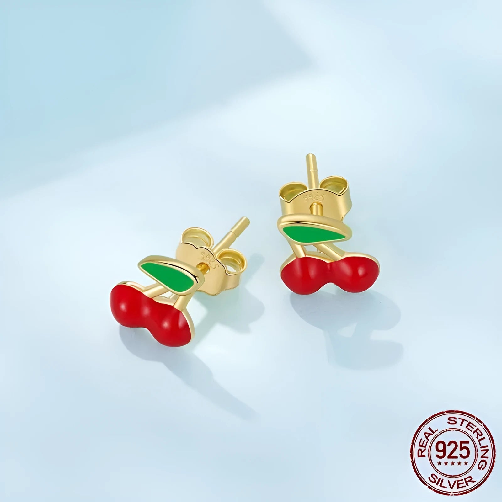 Pair of red cherry shape 925 silver stud earrings with glossy drip oil finish