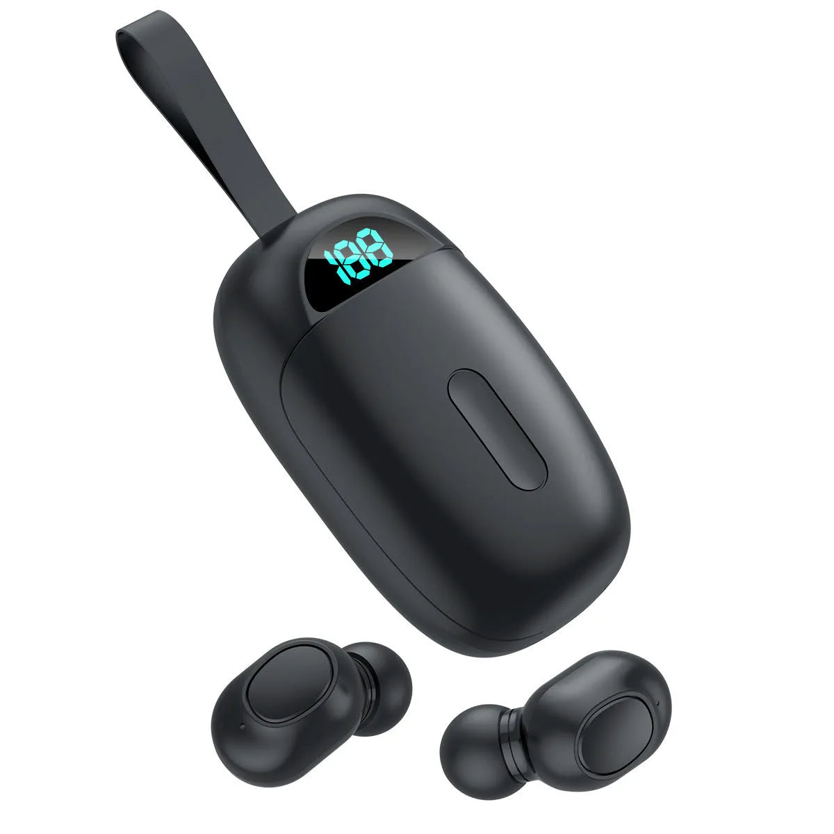 Black JS25 true wireless Bluetooth headphones with charging case, showing touch controls.