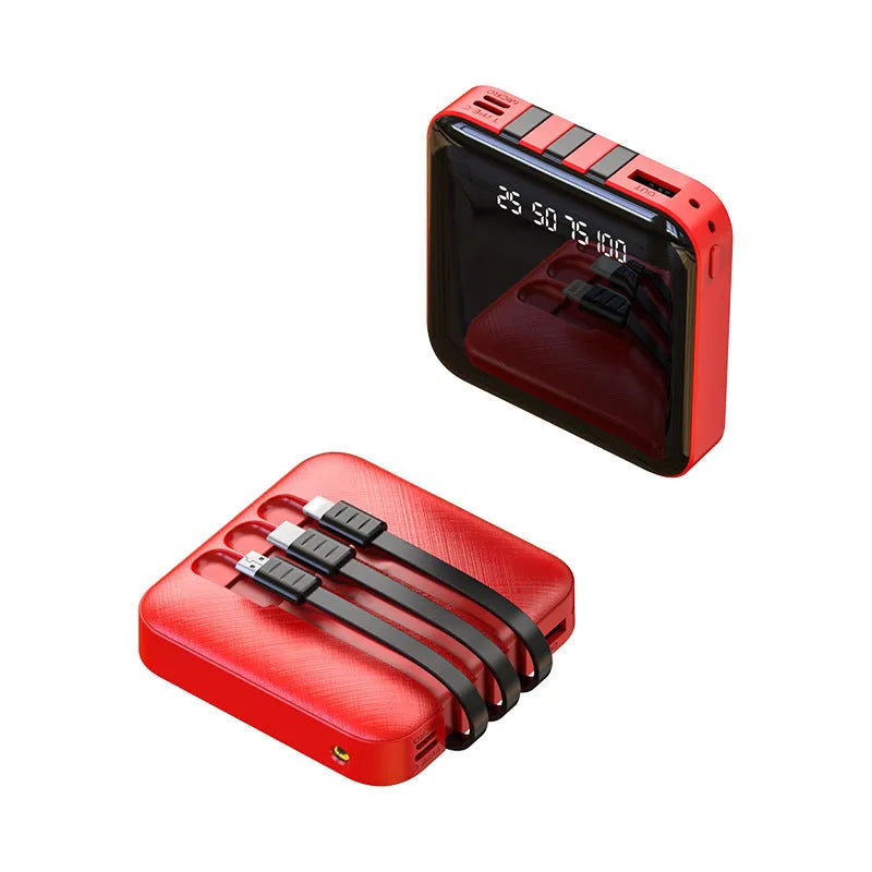 Mirror-finished black power bank with built-in USB cable showing compact 80x80mm size