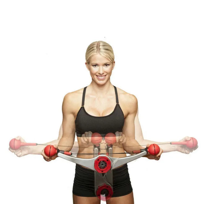 Red sports full-body arm trainer with adjustable weight clasp and snap rings on a white background