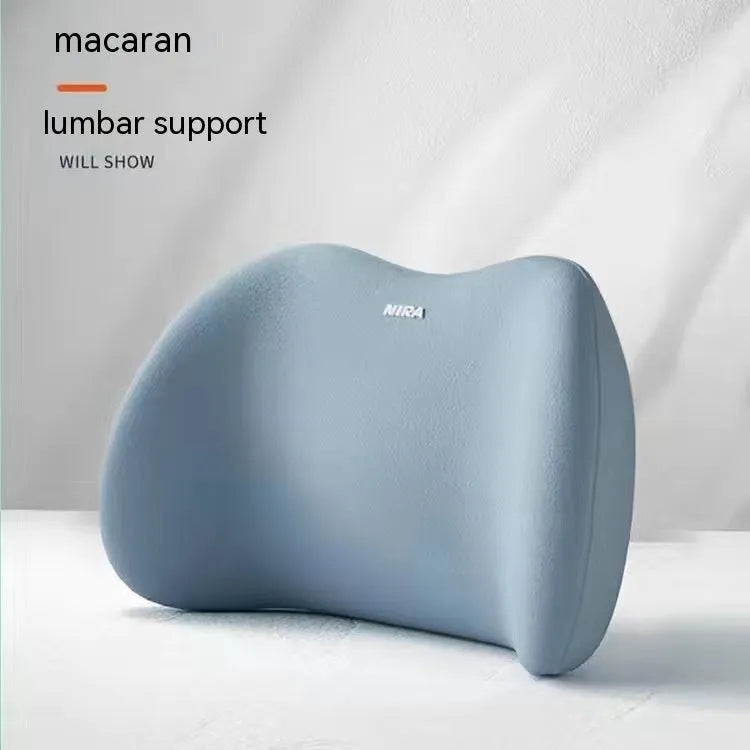 Black memory foam car headrest pillow and matching lumbar support pillow on a car seat.
