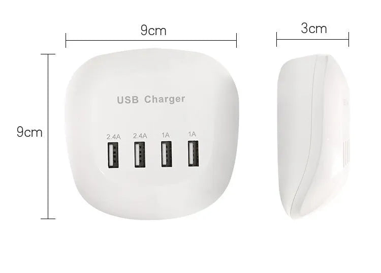 A white USB wall charger with selectable EU or US plug styles, showing the USB-A output port.
