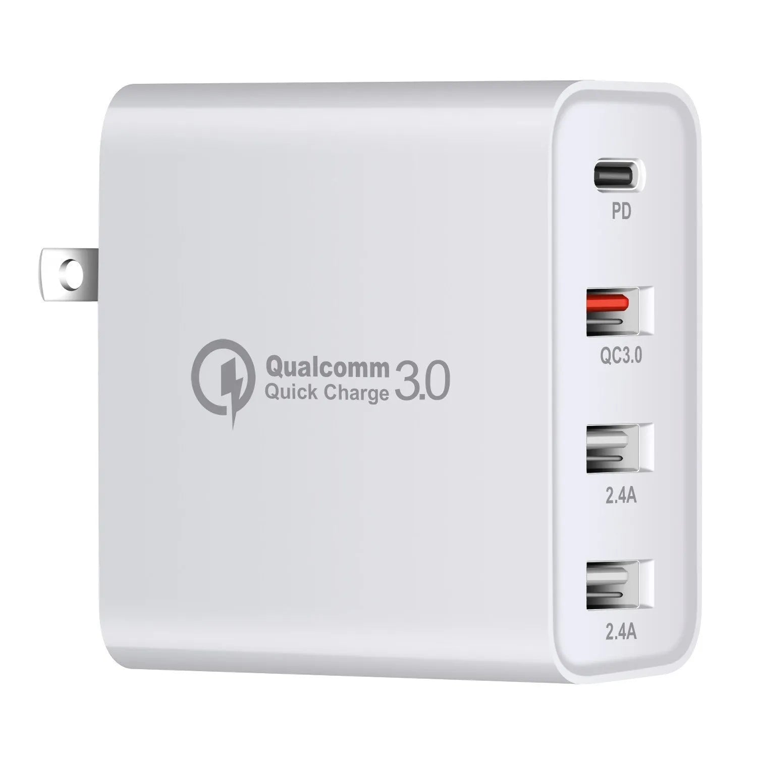Black 48W USB-C four-port fast wall charger with UK plug on a wooden surface