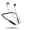 Red sports Bluetooth neckband earphones with binaural earbuds, shown with USB charging cable.
