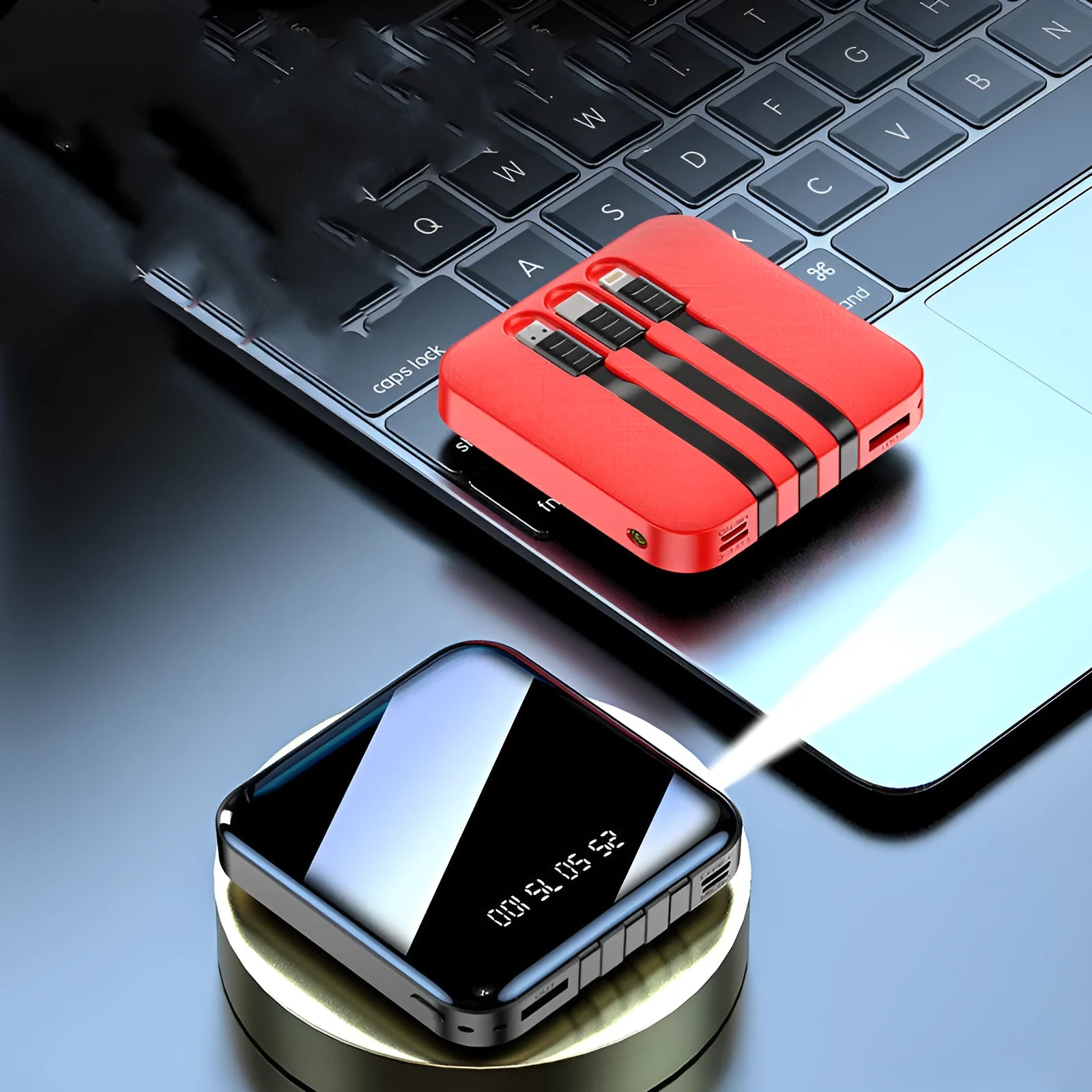 Mirror-finished black power bank with built-in USB cable showing compact 80x80mm size