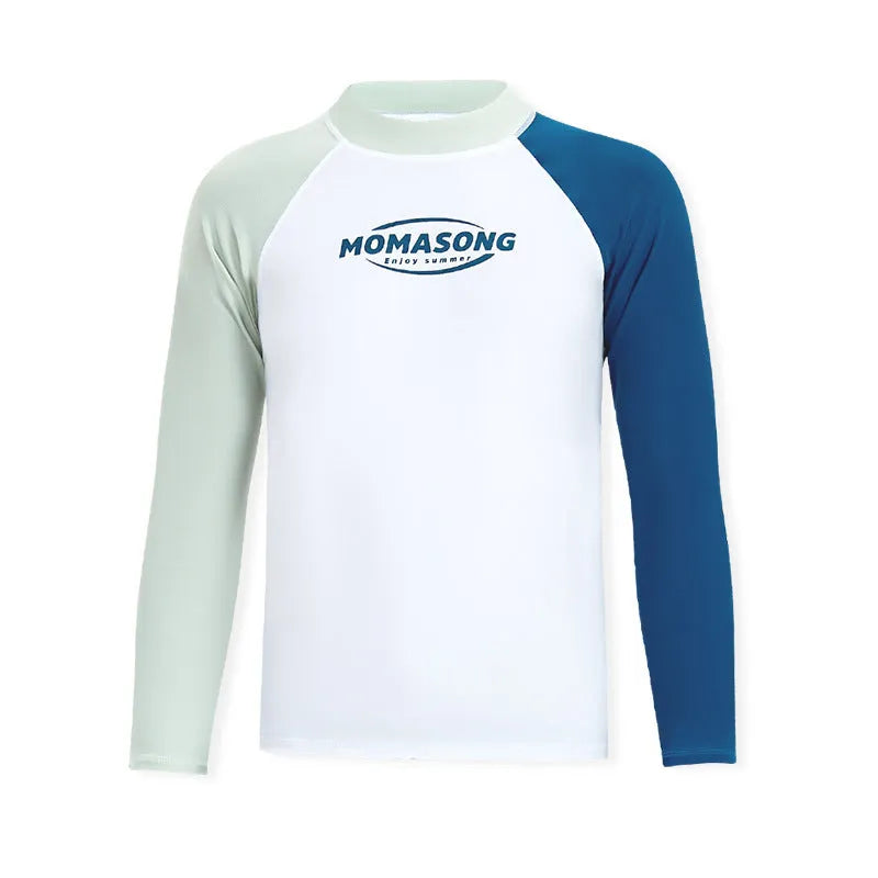 Men's white long sleeve swim top and matching trunks set for beach and surfing.