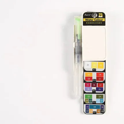 Fan-shaped folding solid watercolour paint set with fountain pen and sponge in transparent plastic box