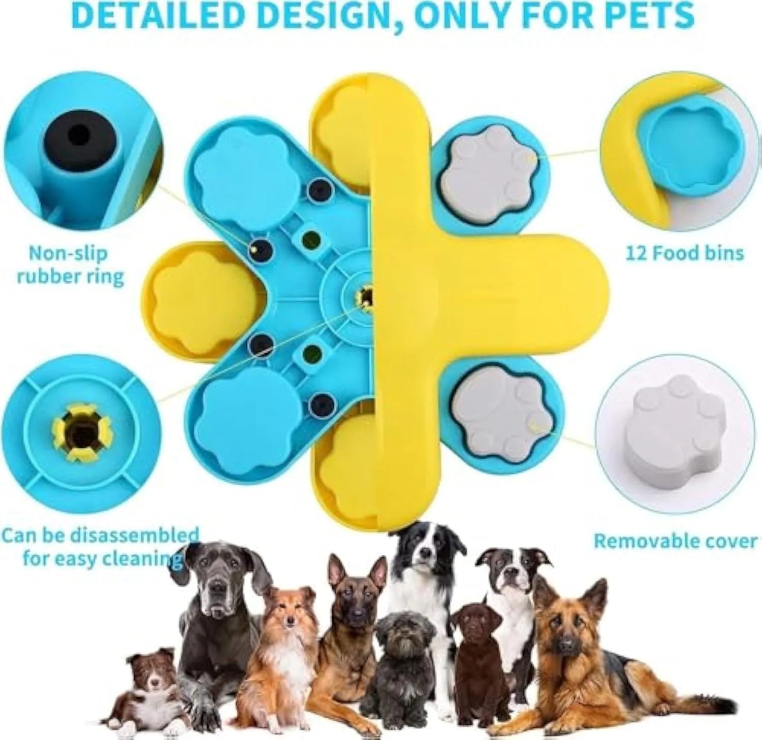 Yellow interactive dog puzzle feeder bowl with rotating lids on a non-slip base.