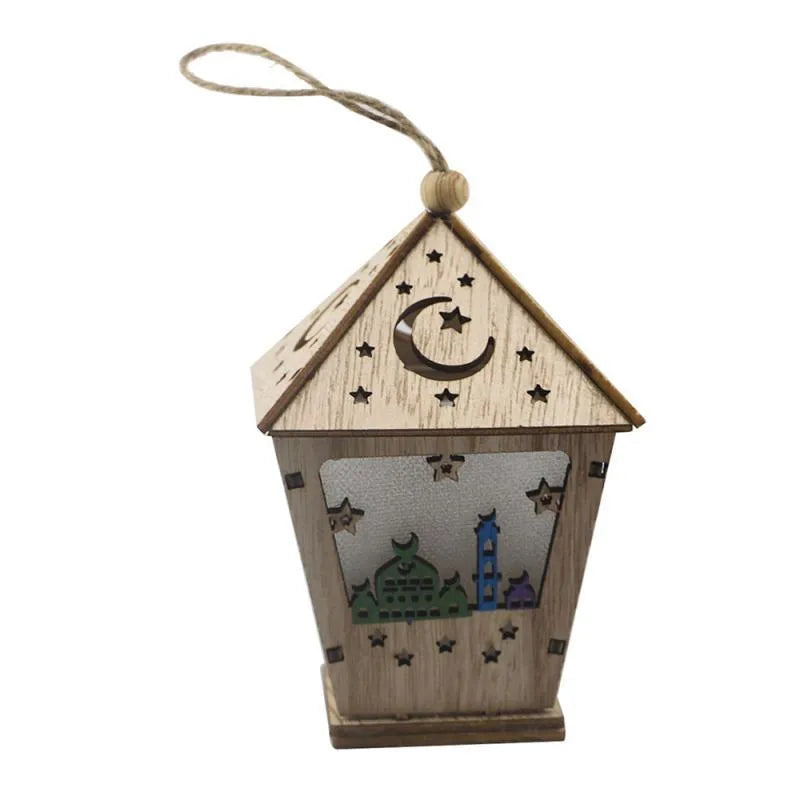 Three-dimensional carved boxwood house pendant with LED lights in blue colour option