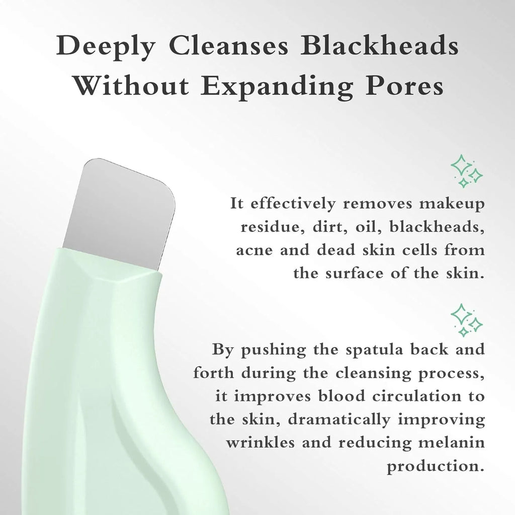 Stainless steel pore scraper face tool with a green silicone non-slip handle.
