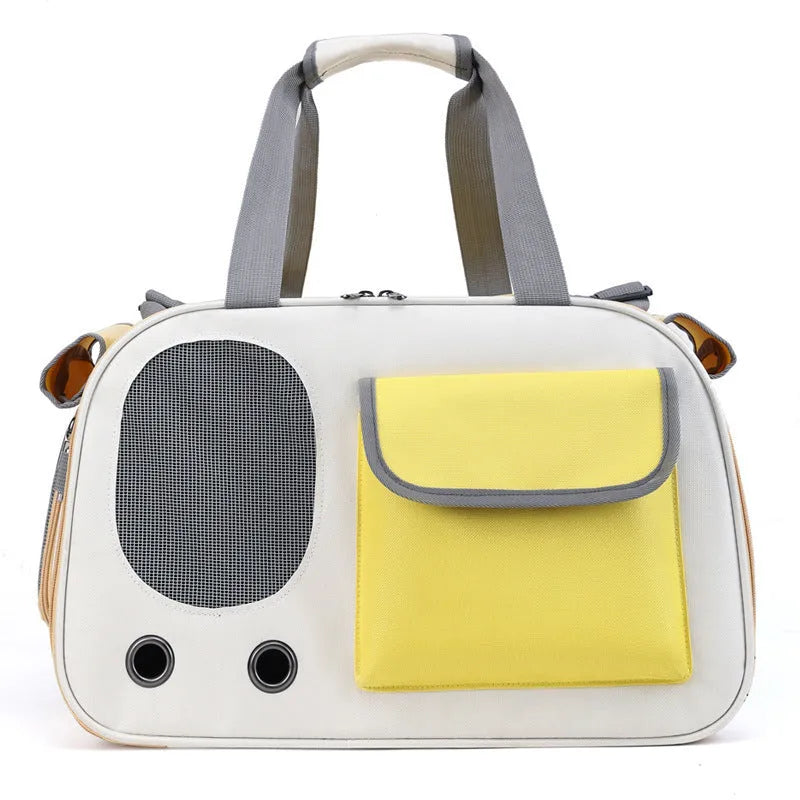 Foldable single shoulder pet carrier backpack in canvas material, shown in yellow colour.