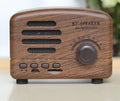 Vintage-style wooden Bluetooth speaker in wood grain finish showing front grille and compact size.