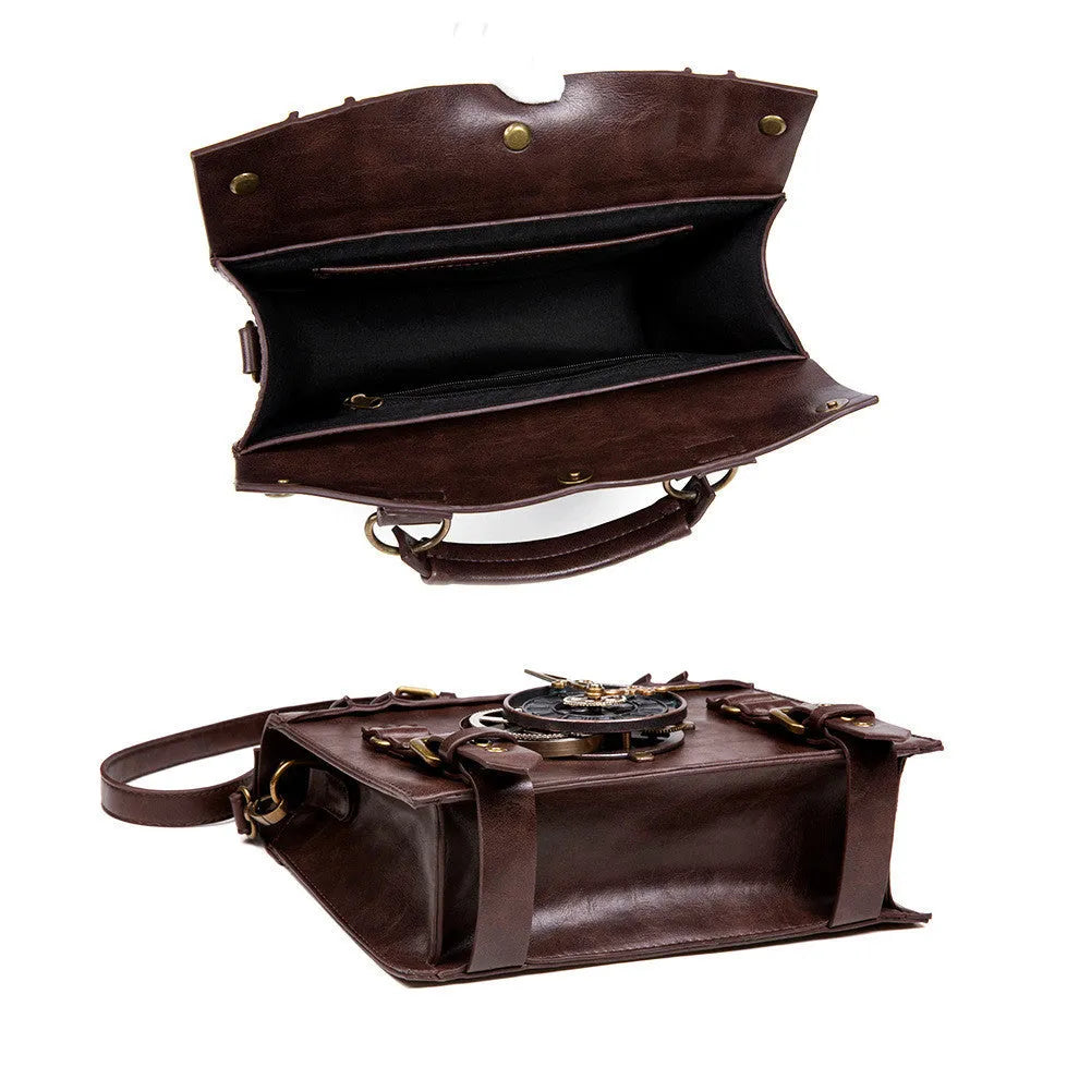 Bronze steampunk industrial retro style shoulder bag with textured PU leather and metal hardware