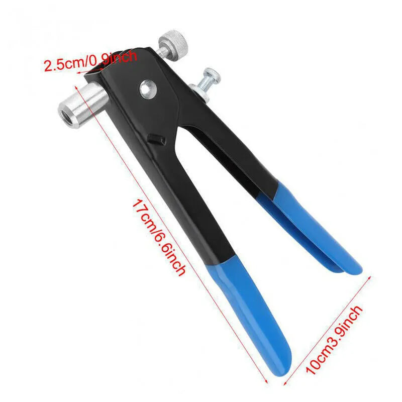 Alloy steel manual hand riveter gun with components from an 86-piece or 106-piece nut set.