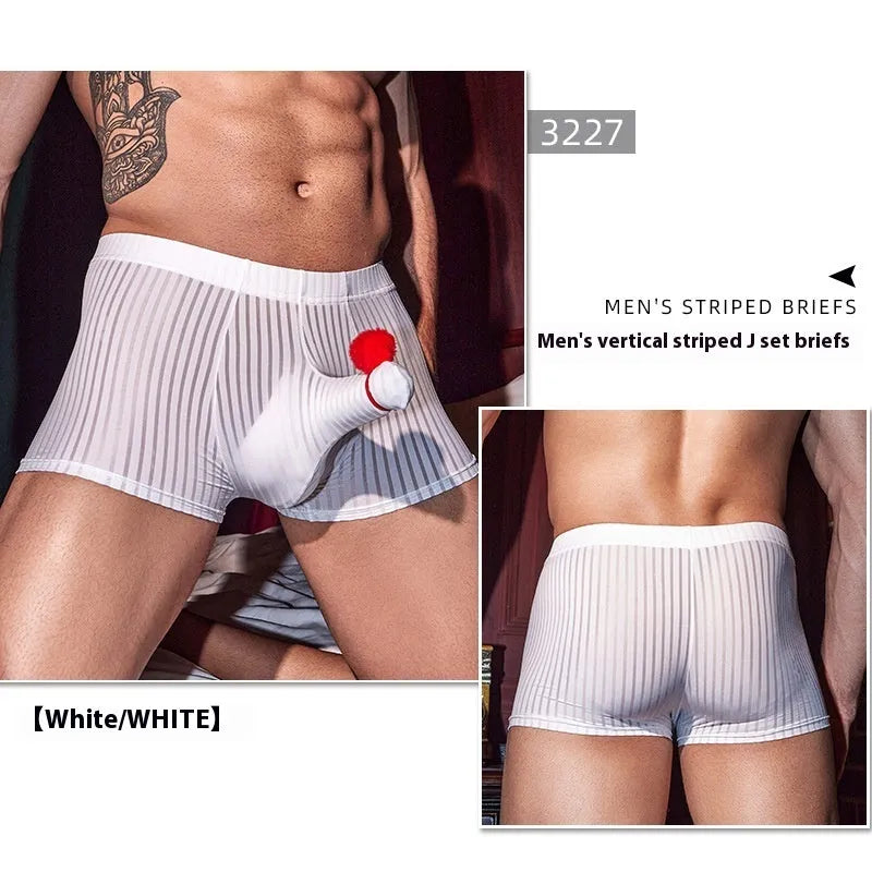 Men's black vertical-striped boxer briefs laid flat, showing elasticated waistband and leg openings.
