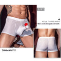 Men's black vertical-striped boxer briefs laid flat, showing elasticated waistband and leg openings.