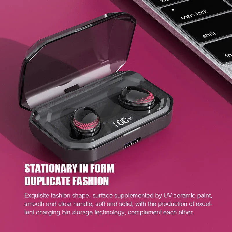 Black X10 Bluetooth wireless headset with its charging case on a dark surface.