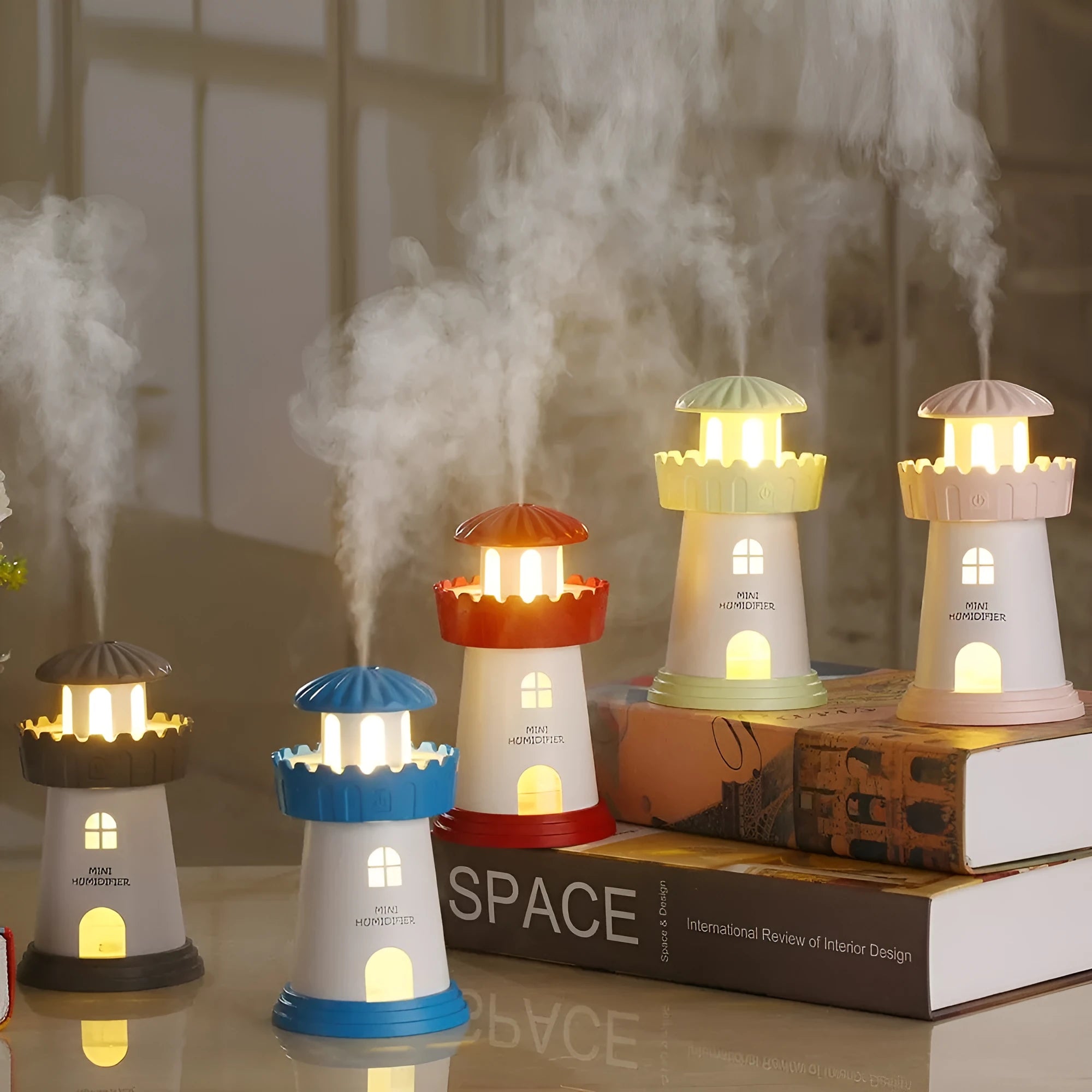 Lighthouse humidifier mini USB ultrasonic night light green ABS PP silicone 80x80x143mm