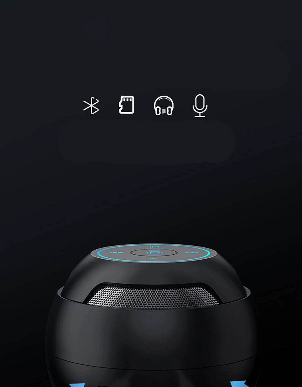 Mini portable Bluetooth speaker in black with compact 76x76x63mm plastic shell and USB port