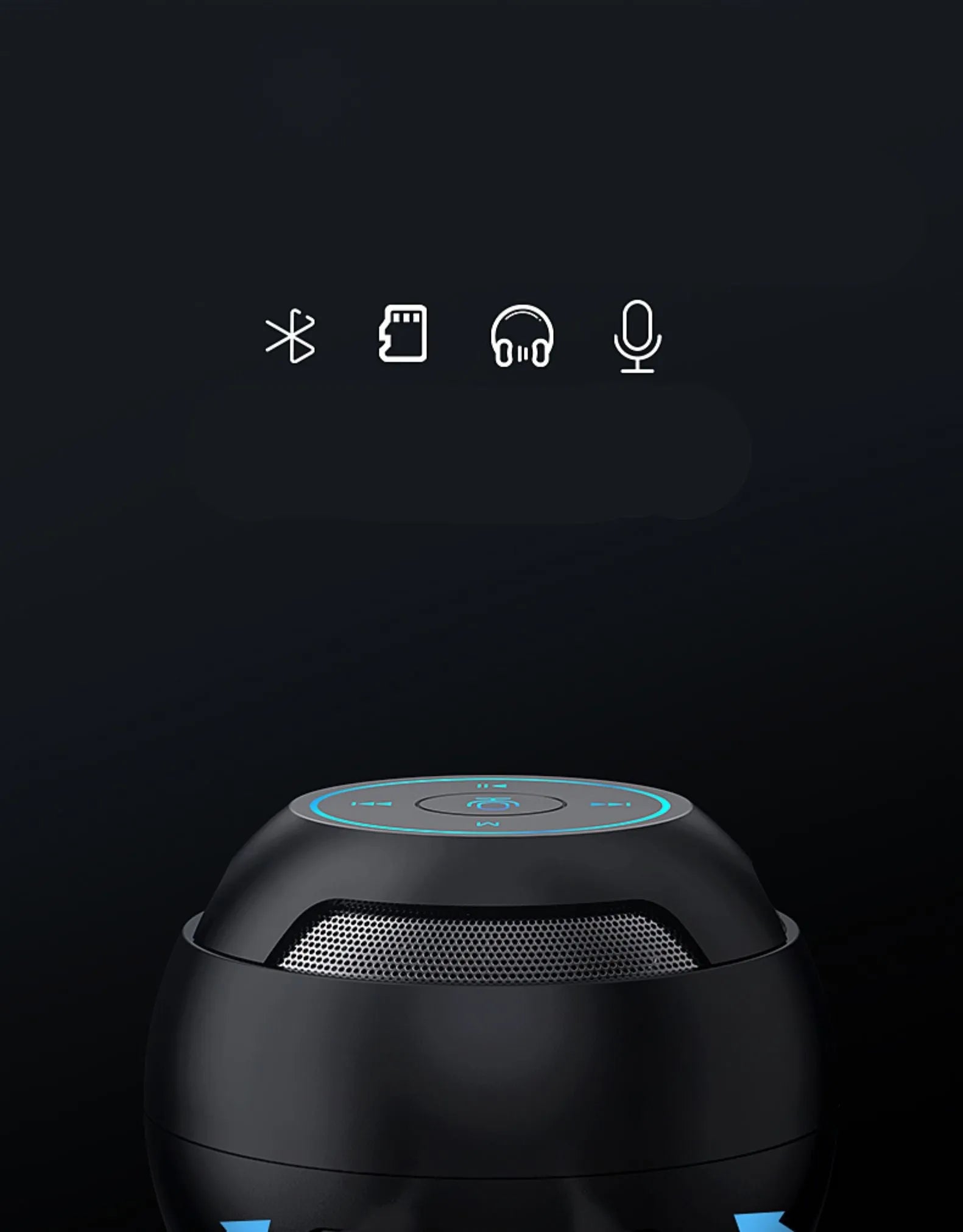 Mini portable Bluetooth speaker in black with compact 76x76x63mm plastic shell and USB port
