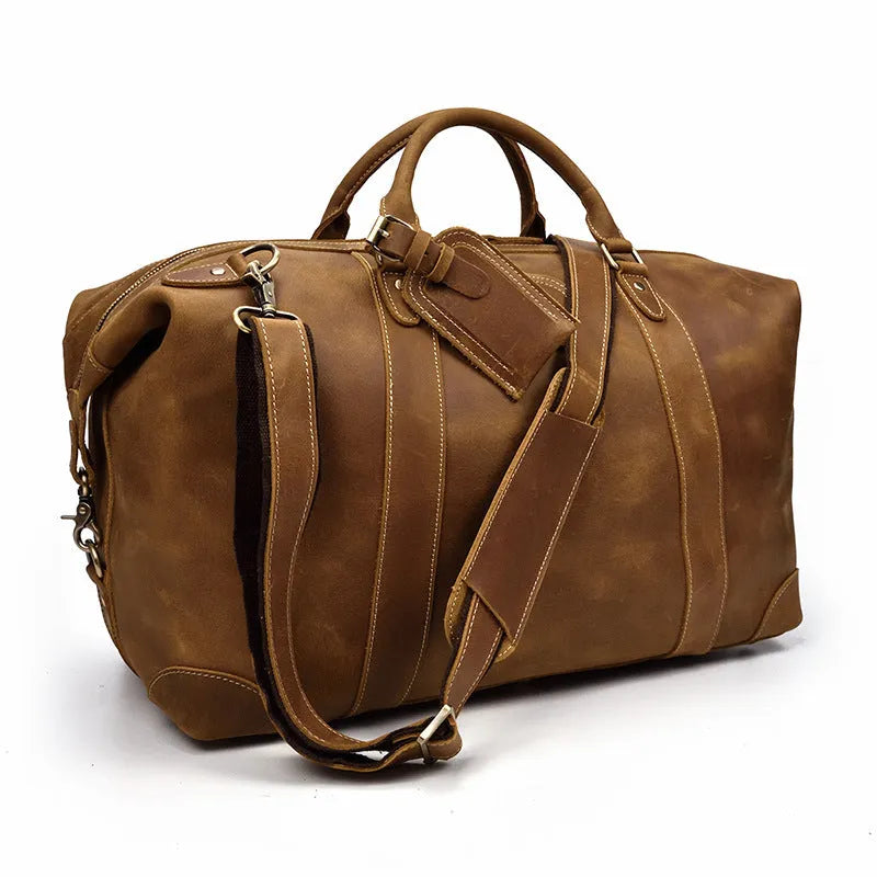 Crazy horse leather large capacity luggage bag in dark brown, 45cm length, with first layer cowhide construction
