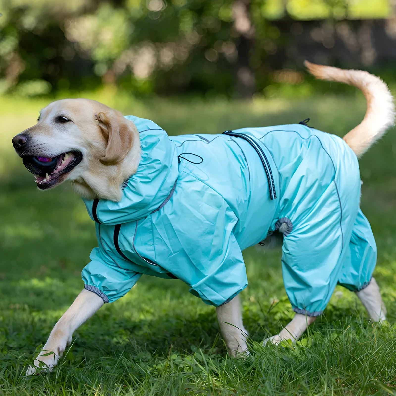 Red cotton-padded dog shell jacket on a medium-sized dog, showing sporty style and fastened front.